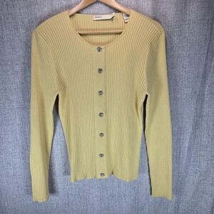 Perry Ellis Yellow Silk Cashmere Spring Cardigan Medium Jewel Buttons Old Money